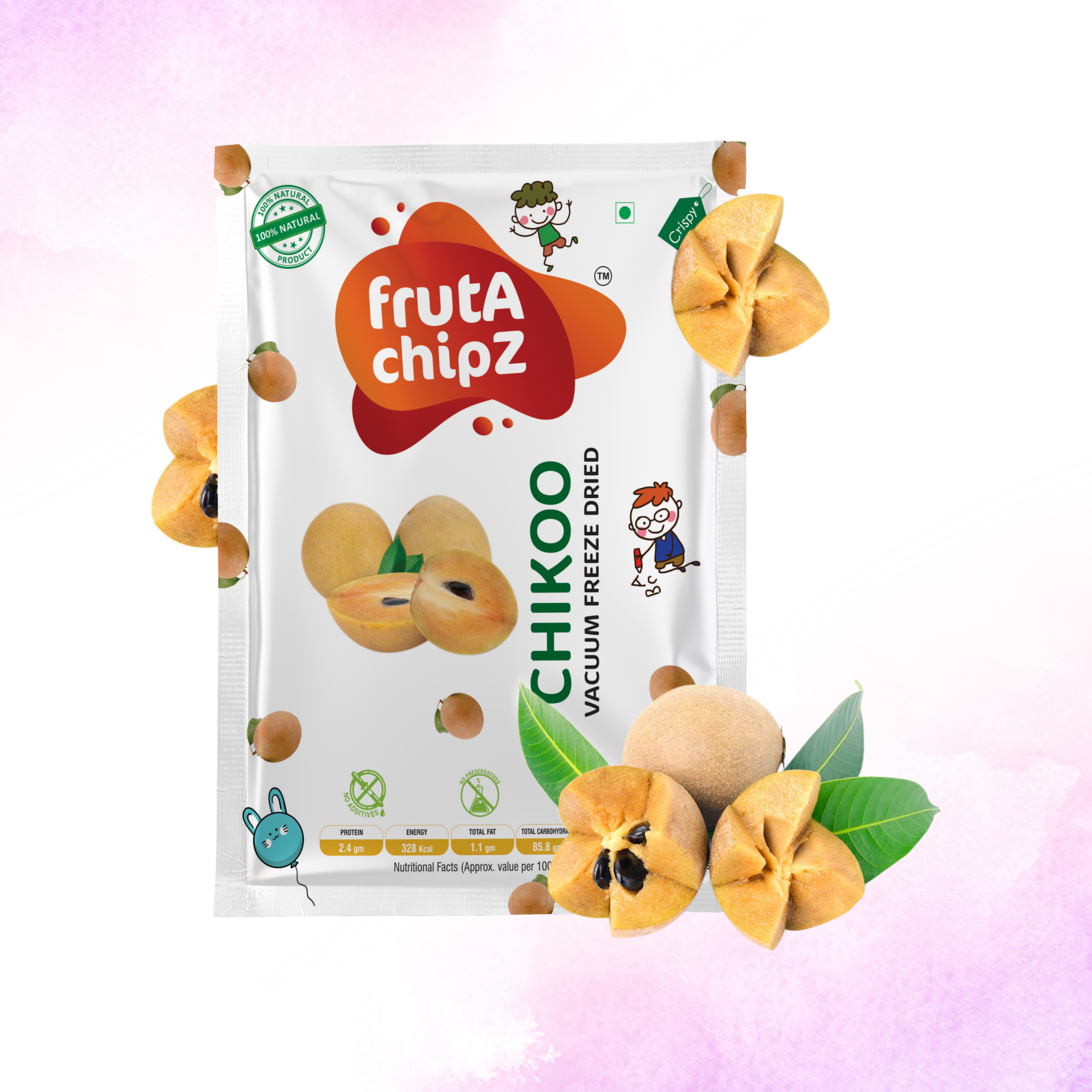 frutA chipZ  Dried Chikoo for Kids and Adults | 100% Natural | Healthy Chikoo Fruit Chips | Vacuum Freeze-Dried Fruit Slices | Pack of 5| 100 Gms | Ready to Eat | Crunchy